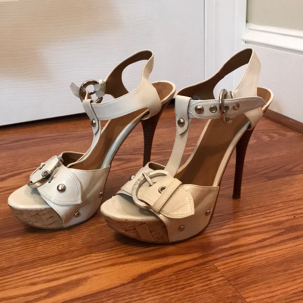Guess white patent platform sandals